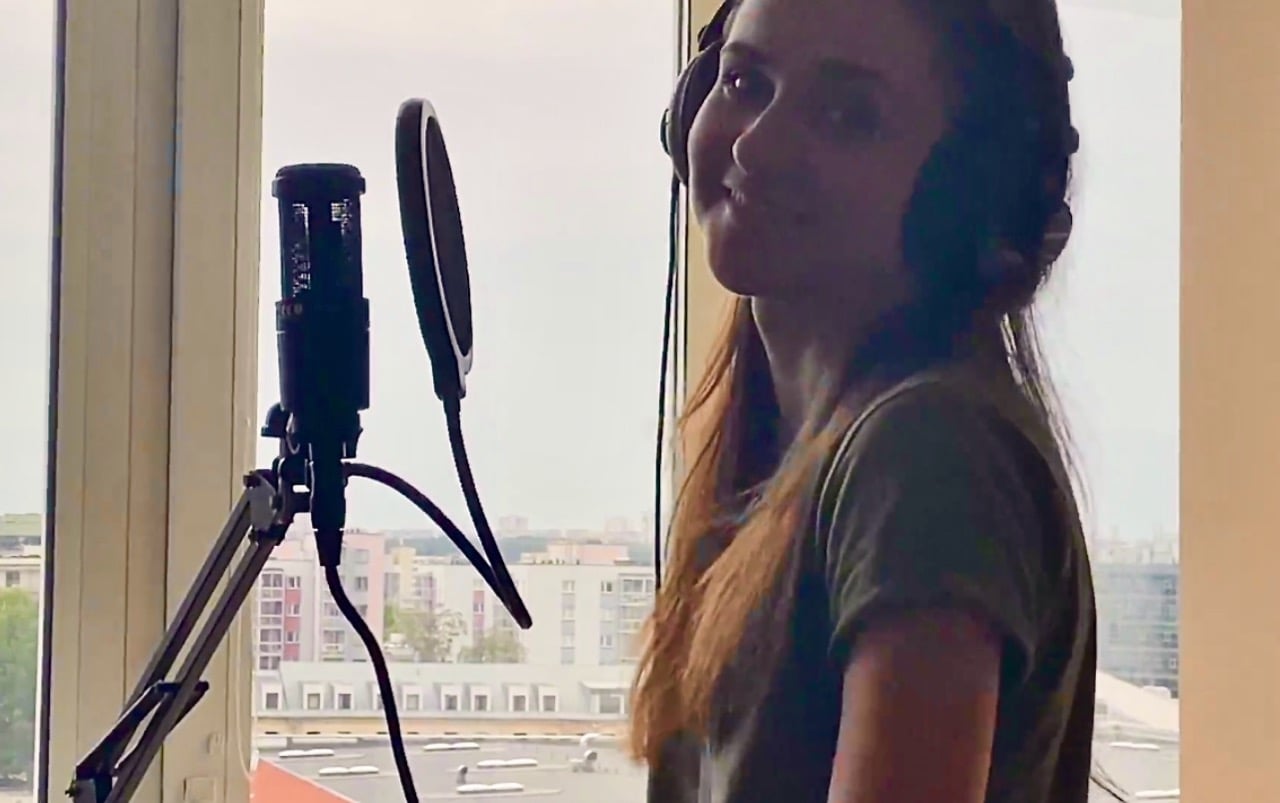 Iveta during vocal recording session at EddieK's Vilnius studio